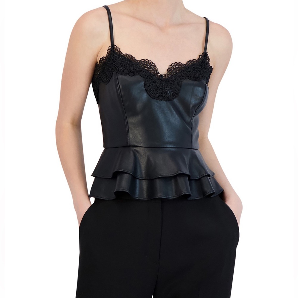 BCBGMAXAZRIA Faux Leather Peplum Top